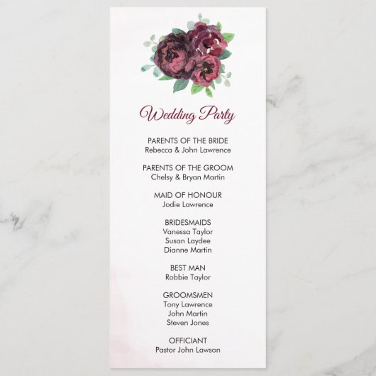 Bourgogne Rose Boeket Trouwceremonie Programmakaart (Achterkant)