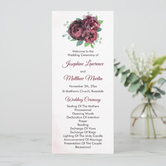 Bourgogne Rose Boeket Trouwceremonie Programmakaart (Staand voorkant)