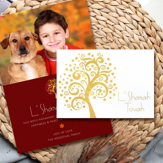 Bourgogne Rosh Hashanah Tree Life Foto Echt goud Folie Kaarten
