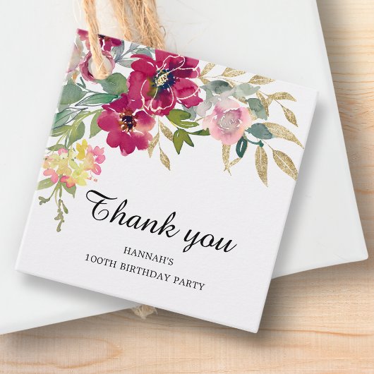 Bourgogne Roze Bloemen 100ste Verjaardag Dank u Bedankjes Labels