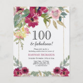 Bourgogne Roze Bloemen 100ste verjaardag Uitnodigi (Voorkant)