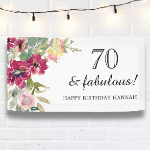 Bourgogne Roze Bloemen 70ste Verjaardag Spandoek