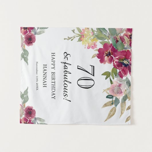 Bourgogne Roze Bloemen 70ste Verjaardag Wandkleed (Voorkant (horizontaal))