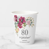 Bourgogne Roze Bloemen 80ste Verjaardag Papieren Bekers (Achterkant)