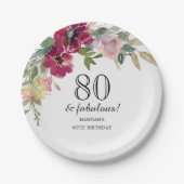 Bourgogne Roze Bloemen 80ste Verjaardag Papieren Bordje (Voorkant)