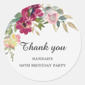 Bourgogne Roze Bloemen 90ste Verjaardag Dank u Ronde Sticker (Voorkant)