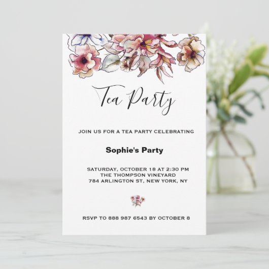 Bourgogne Roze Bloemen Boeket Tea Party Kaart (Staand voorkant)