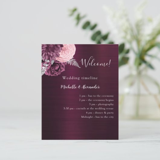 Bourgogne roze bloemen bruiloft programma (Staand voorkant)