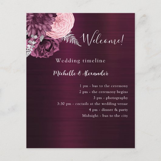 Bourgogne roze bloemen bruiloft programma (Voorkant)