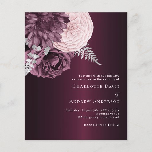 Bourgogne roze bloemen bruiloft uitnodiging (Voorkant)