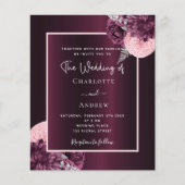 Bourgogne roze bloemen budget bruiloft uitnodiging (Voorkant)