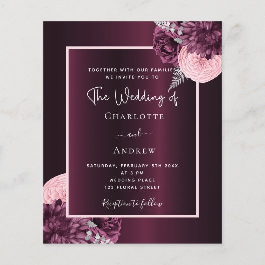 Bourgogne roze bloemen budget bruiloft uitnodiging (Voorkant)