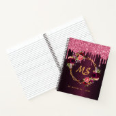 Bourgogne roze bloemen glitter druppels monogram notitieboek (Binnen)