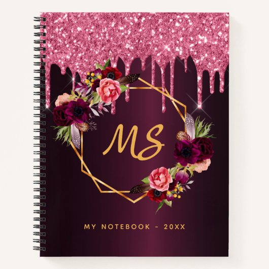 Bourgogne roze bloemen glitter druppels monogram notitieboek (Voorkant)