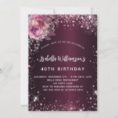Bourgogne roze bloemen glitter verjaardag kaart (Voorkant)