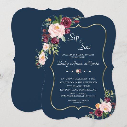 Bourgogne Roze Bloemen Goud Navy Baby shower Kaart (Voorkant / Achterkant)