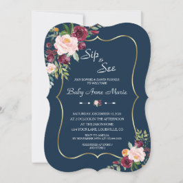 Bourgogne Roze Bloemen Goud Navy Baby shower Kaart