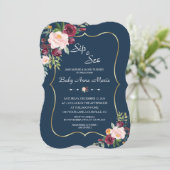 Bourgogne Roze Bloemen Goud Navy Baby shower Kaart (Staand voorkant)