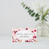 Bourgogne & Roze Bloemen met Social Media Iconen Visitekaartje (Staand voorkant)