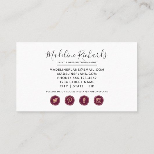 Bourgogne & Roze Bloemen met Social Media Iconen Visitekaartje (Achterkant)