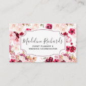 Bourgogne & Roze Bloemen met Social Media Iconen Visitekaartje (Voorkant)