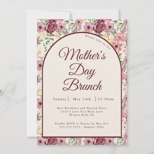  Bourgogne Roze Bloemen Moederdag Brunch Kaart (Voorkant)