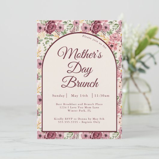  Bourgogne Roze Bloemen Moederdag Brunch Kaart (Staand voorkant)