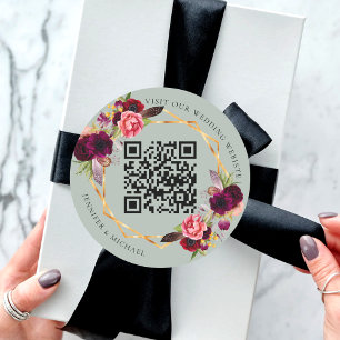 Bourgogne roze bloemen salie geometrische QR bruil Ronde Sticker