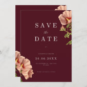 Bourgogne & Roze Bloemen Save the Date Kaart (Voorkant / Achterkant)