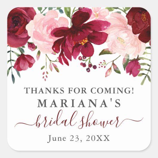 Bourgogne Roze Bloemen Vrijgezellenfeest Favors Vierkante Sticker (Voorkant)