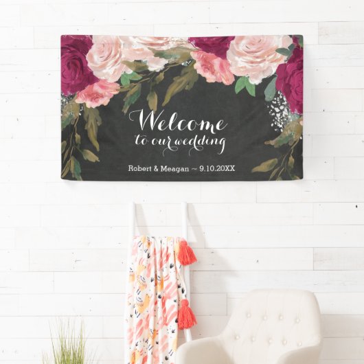 Bourgogne roze bloemenbord welkom banner (Insitu)