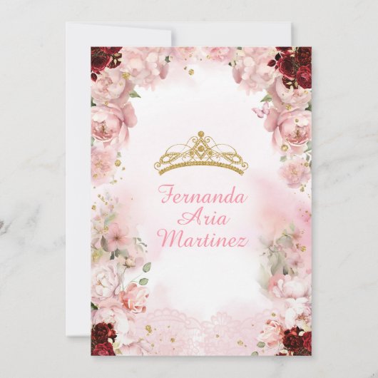 Bourgogne Roze Bloemlint Gouden Kroon Mis Quince Kaart (Achterkant)