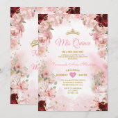 Bourgogne Roze Bloemlint Gouden Kroon Mis Quince Kaart (Voorkant / Achterkant)