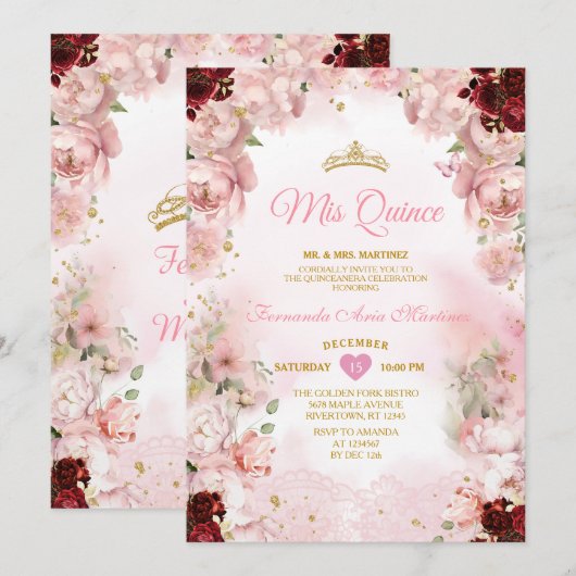 Bourgogne Roze Bloemlint Gouden Kroon Mis Quince Kaart (Voorkant / Achterkant)
