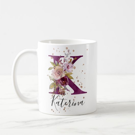 Bourgogne Roze Blush Bloemen Letter K Monogram Koffiemok (Links)