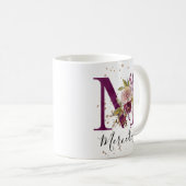 Bourgogne Roze Blush Bloemen Letter M Monogram Koffiemok (Voorkant rechts)