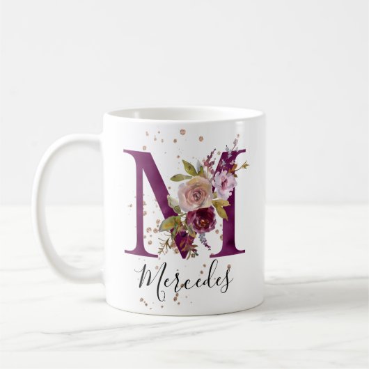 Bourgogne Roze Blush Bloemen Letter M Monogram Koffiemok (Links)