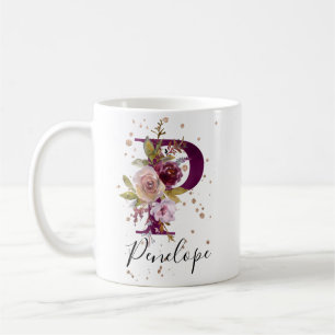 Bourgogne Roze Blush Bloemen Letter P Monogram Koffiemok