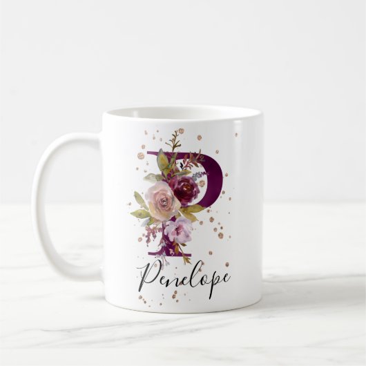 Bourgogne Roze Blush Bloemen Letter P Monogram Koffiemok (Links)