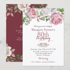 Bourgogne Roze Country Roos 80e verjaardag Uitnodi Kaart