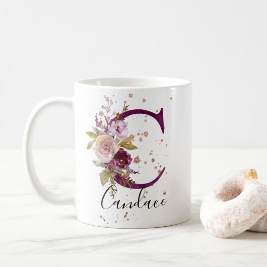 Bourgogne Roze Crème Bloemen Letter C Monogram Koffiemok (Met donut)