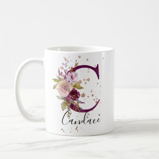 Bourgogne Roze Crème Bloemen Letter C Monogram Koffiemok (Links)
