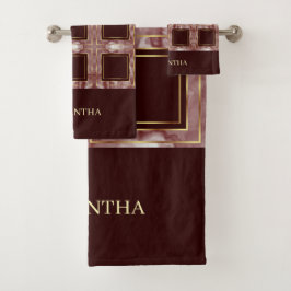 Bourgogne Roze en Goud Herhaal Vierkanten Naam Bad Handdoek