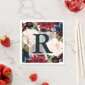 Bourgogne, Roze en Navy Bloemen Bruiloft Monogram Servet (Insitu)