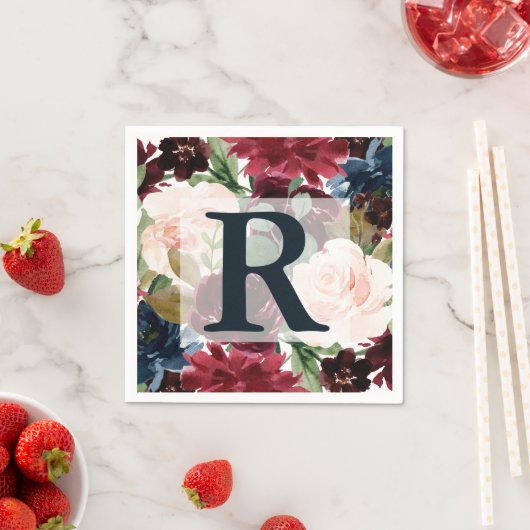 Bourgogne, Roze en Navy Bloemen Bruiloft Monogram Servet (Insitu)