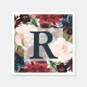 Bourgogne, Roze en Navy Bloemen Bruiloft Monogram Servet (Voorkant)