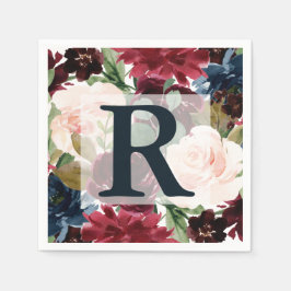 Bourgogne, Roze en Navy Bloemen Bruiloft Monogram Servet