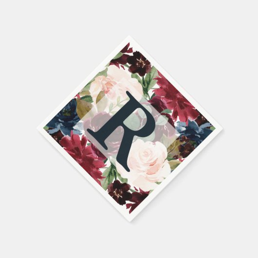 Bourgogne, Roze en Navy Bloemen Bruiloft Monogram Servet (Hoek)