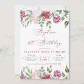 Bourgogne & roze Floral Baptism & 1e verjaardag Kaart (Voorkant)