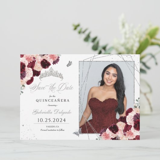 Bourgogne Roze Fotokaart Quinceañera Sla de datum Kaart (Staand voorkant)